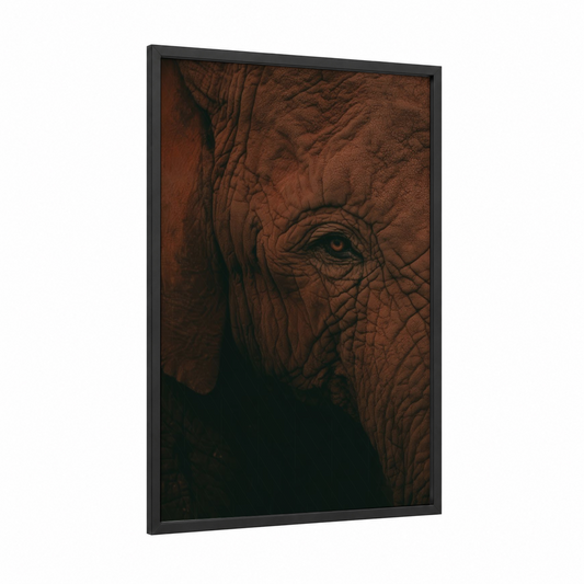 Golden Gaze Elephant framed savanna elephant print — black wood frame — russet and brown palette