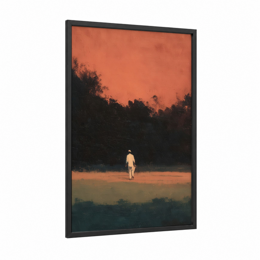 Sunset Cricket Match framed art print — black wood frame — orange and black palette