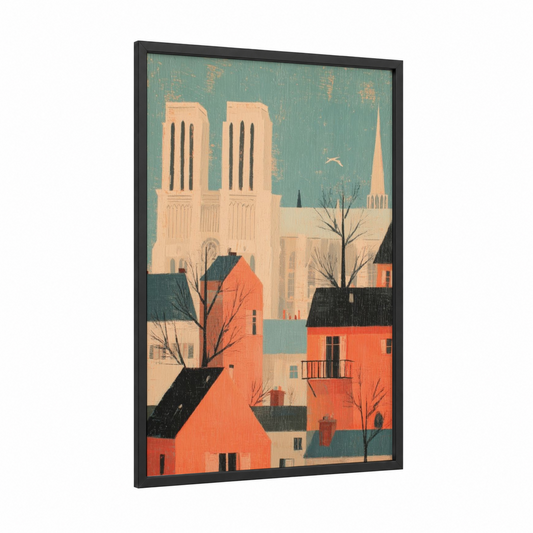 Parisian Notre-Dame framed notre dame print — black wood frame — teal and peach palette