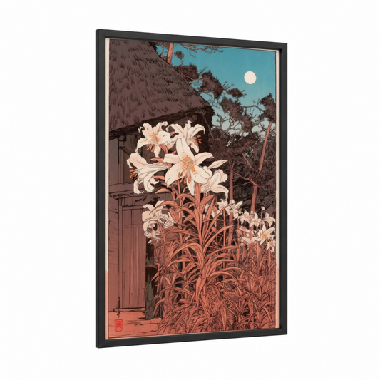Moonlit Amarillys framed art print — black wood frame — blue and cream palette