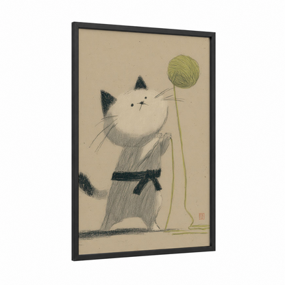 Graceful Cat Warrior framed taekwondo print — black wood frame — beige and light green palette
