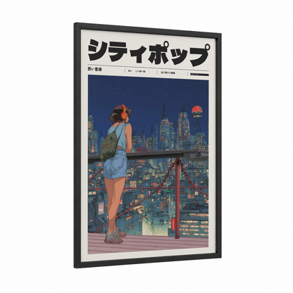 Rooftop City Dreamer framed anime and manga print — black wood frame — dark blue and orange palette