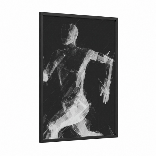 Dynamic Runner framed running print — black wood frame — black and white and gray palette