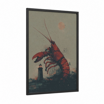 Crimson Lighthouse Lobster framed art print — black wood frame — red and gray palette