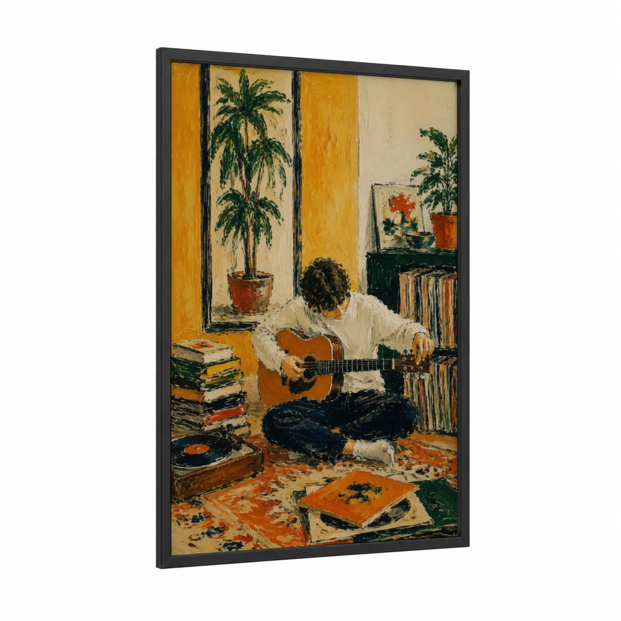 Acoustic Guitar Player Retro Wall Art framed art print — black wood frame — yellow and orange palette