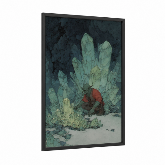 Desert Orc framed art print — black wood frame — teal and russet palette