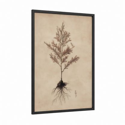 Botanical Redwood framed redwood tree print — black wood frame — beige and brown palette