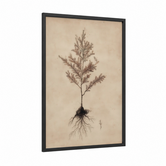 Botanical Redwood framed redwood tree print — black wood frame — beige and brown palette