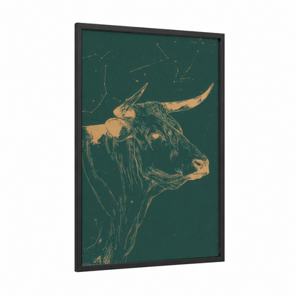 Taurus Constellation framed art print — black wood frame — teal and gold palette