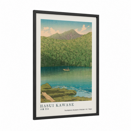 Mountain Lake Serenity framed lakes print — black wood frame — light green and blue palette