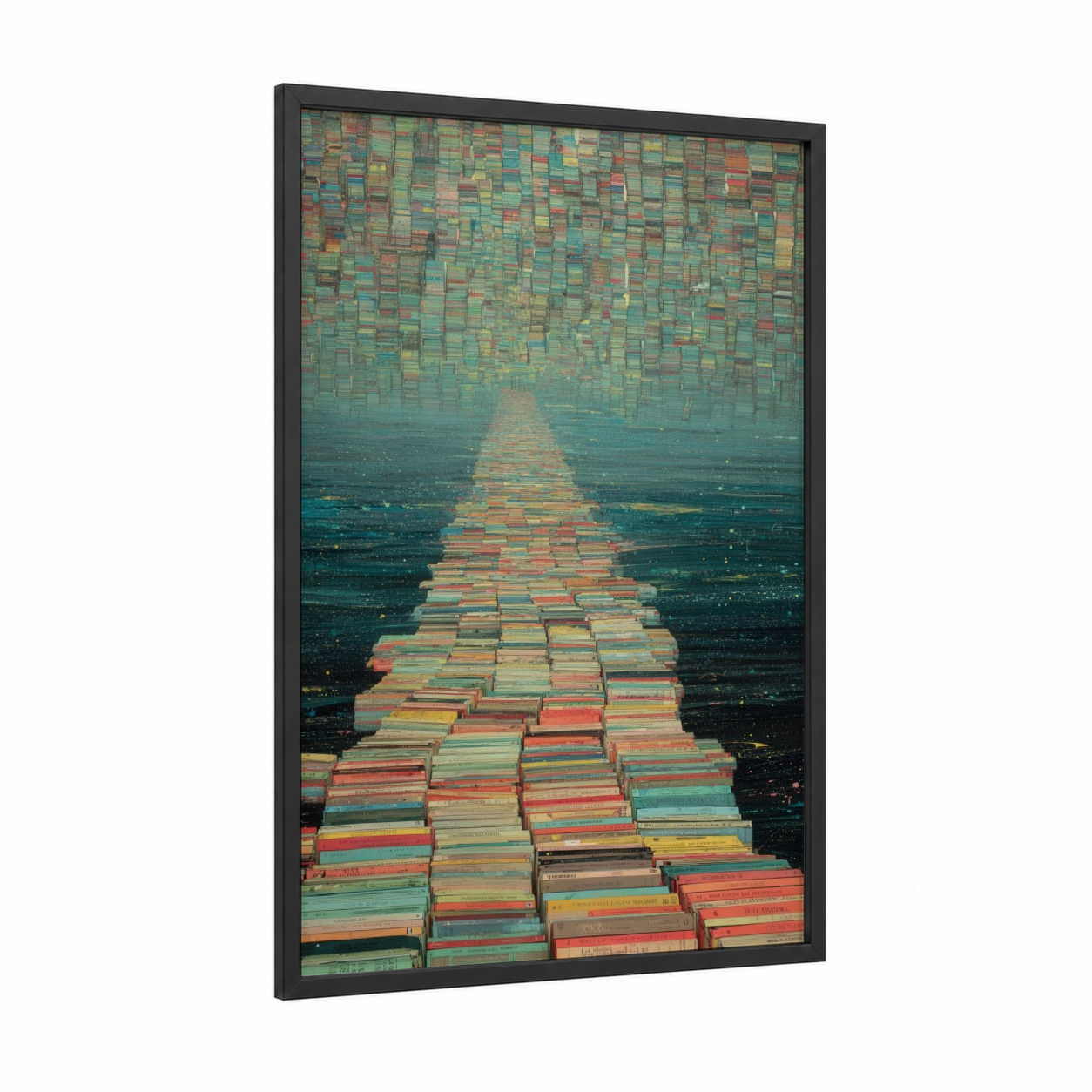 Colorful Book Bridge framed bridges print — black wood frame — teal and orange palette