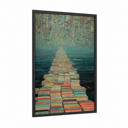 Colorful Book Bridge framed bridges print — black wood frame — teal and orange palette