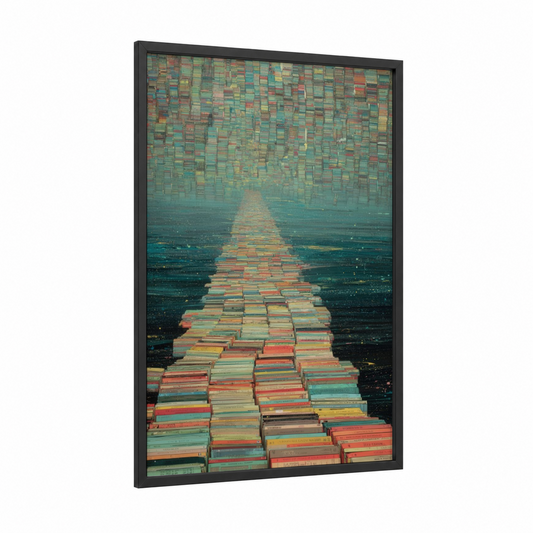 Colorful Book Bridge framed bridges print — black wood frame — teal and orange palette