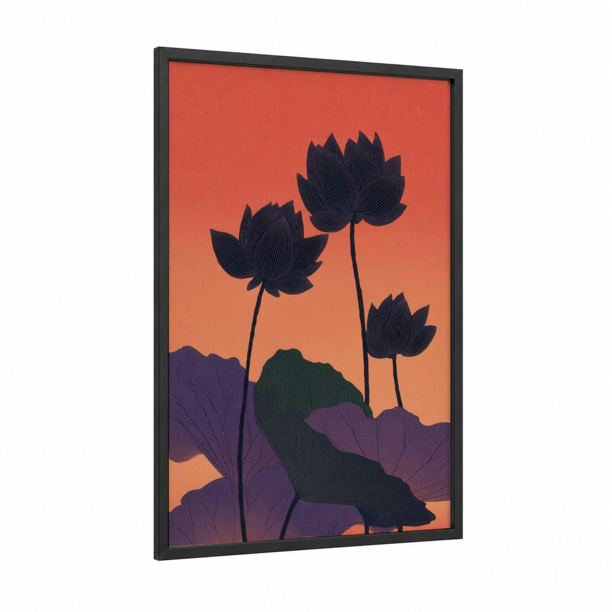 Sunset Lotus framed art print — black wood frame — orange and purple palette
