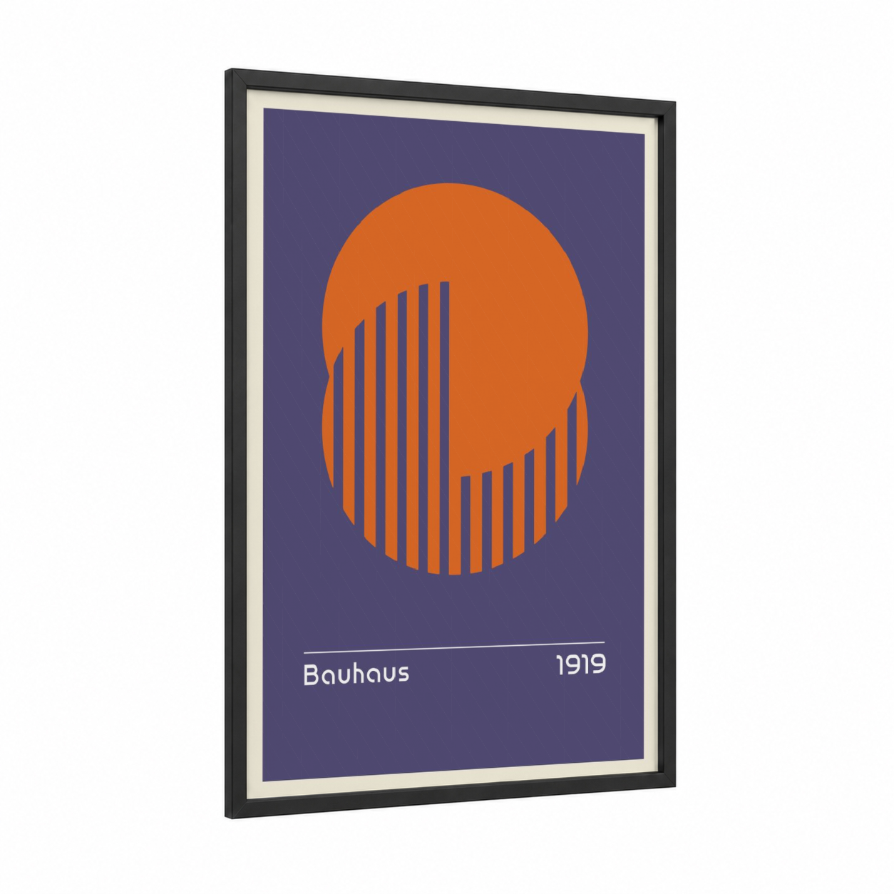 Bauhaus Geometric framed abstract geometric print — black wood frame — orange and purple palette