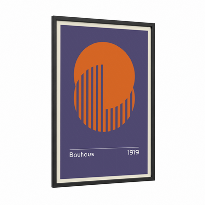 Bauhaus Geometric framed abstract geometric print — black wood frame — orange and purple palette