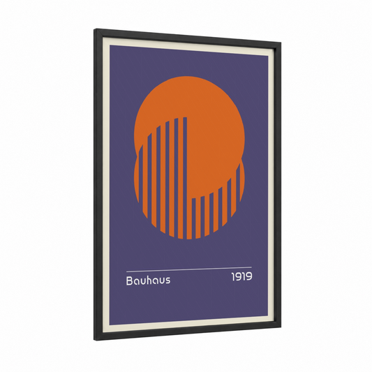 Bauhaus Geometric framed abstract geometric print — black wood frame — orange and purple palette