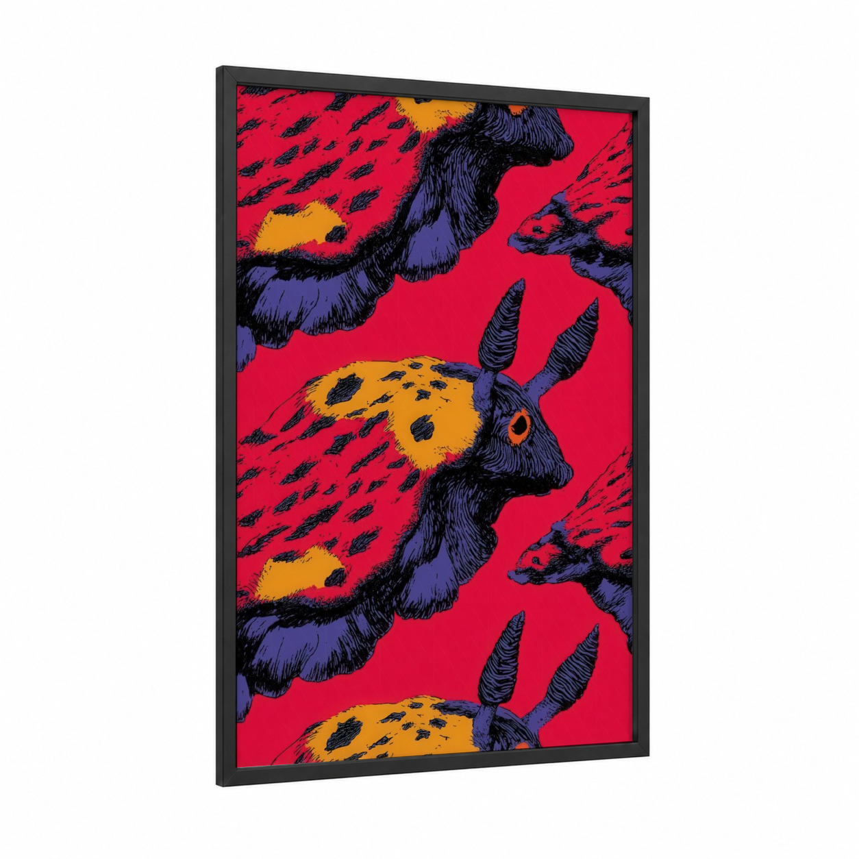 Violet Nudibranch framed art print — black wood frame — red and gold palette