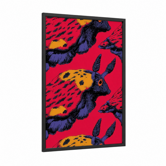 Violet Nudibranch framed art print — black wood frame — red and gold palette