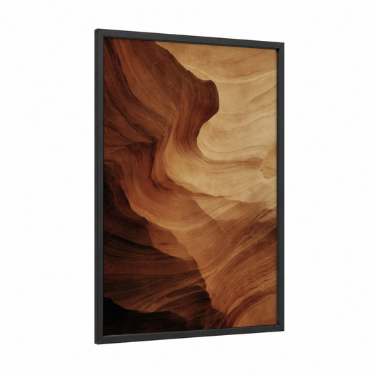 Crimson Canyon Layers framed natural stones print — black wood frame — russet and gold palette