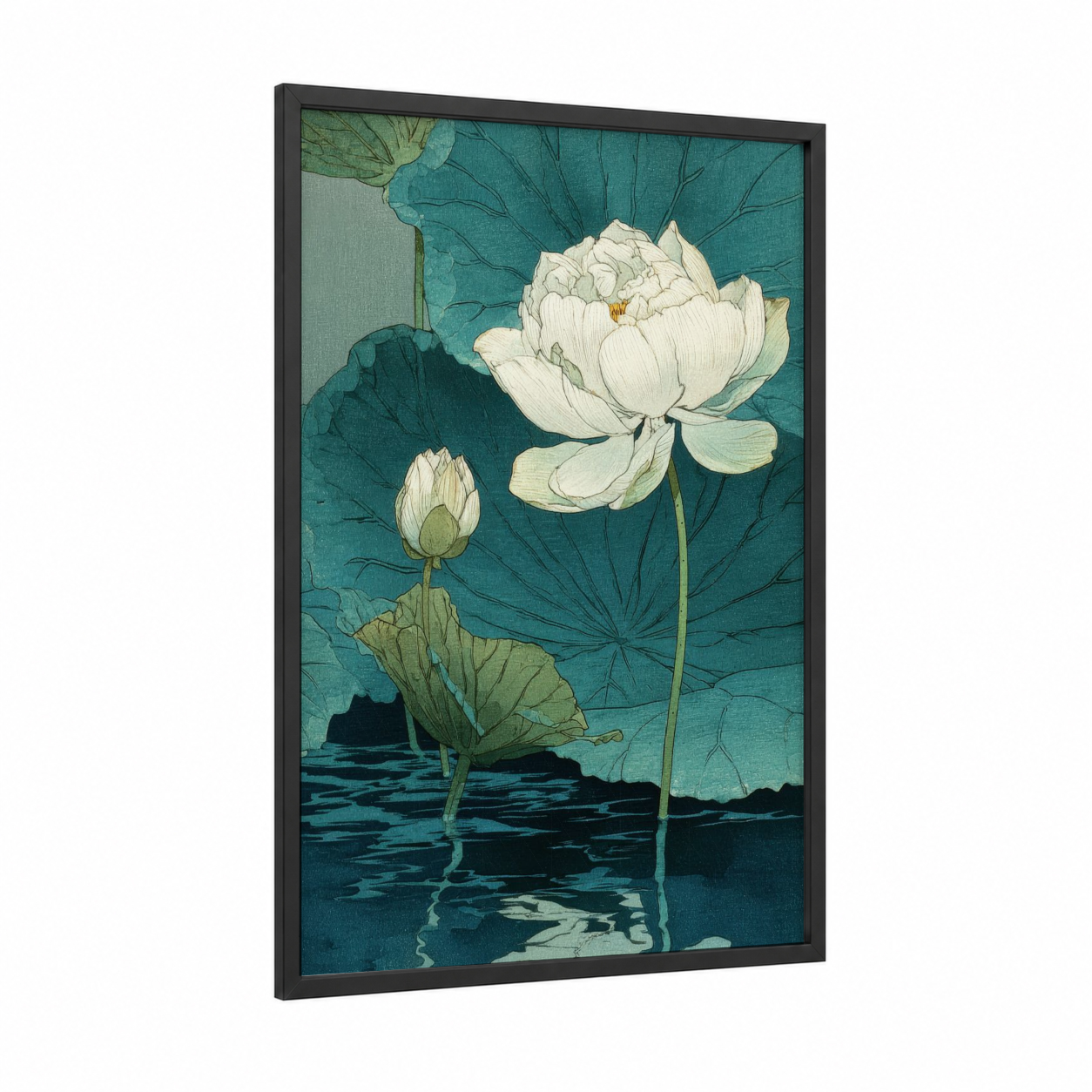 White Lotus Bloom framed art print — black wood frame — teal and cream palette