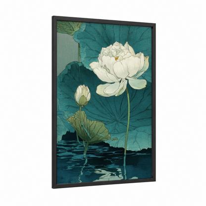 White Lotus Bloom framed art print — black wood frame — teal and cream palette