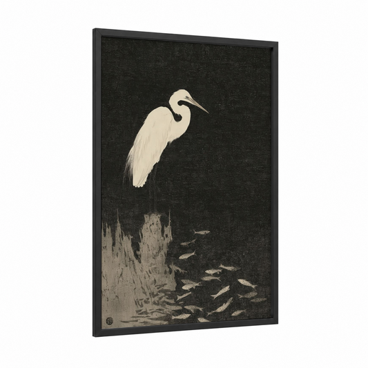 Crane Fishing framed art print — black wood frame — black and white and cream palette