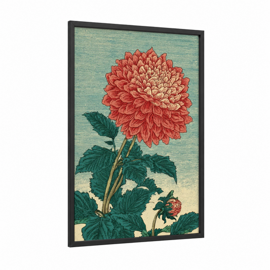 Coral Dahlia Bloom framed art print — black wood frame — dark green palette