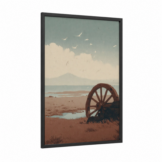 Coastal Shipwheel framed art print — black wood frame — russet and dove gray palette