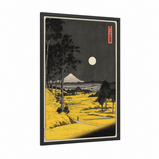 Moonlit Mountain Valley framed various landscapes print — black wood frame — gold and black and white palette