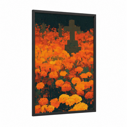 Marigold Memorial framed dia de los muertos print — black wood frame — orange and teal palette