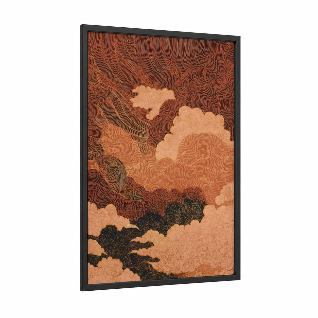 Layered Sky framed abstract expressionism print — black wood frame — russet and cream palette