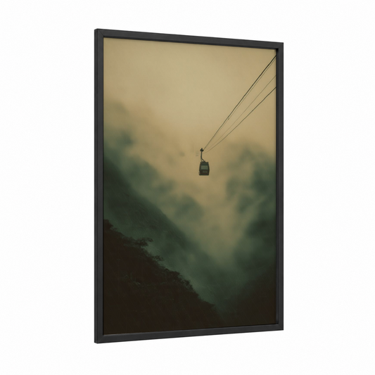 Misty Alpine Gondola framed alps print — black wood frame — sage green and dove gray palette