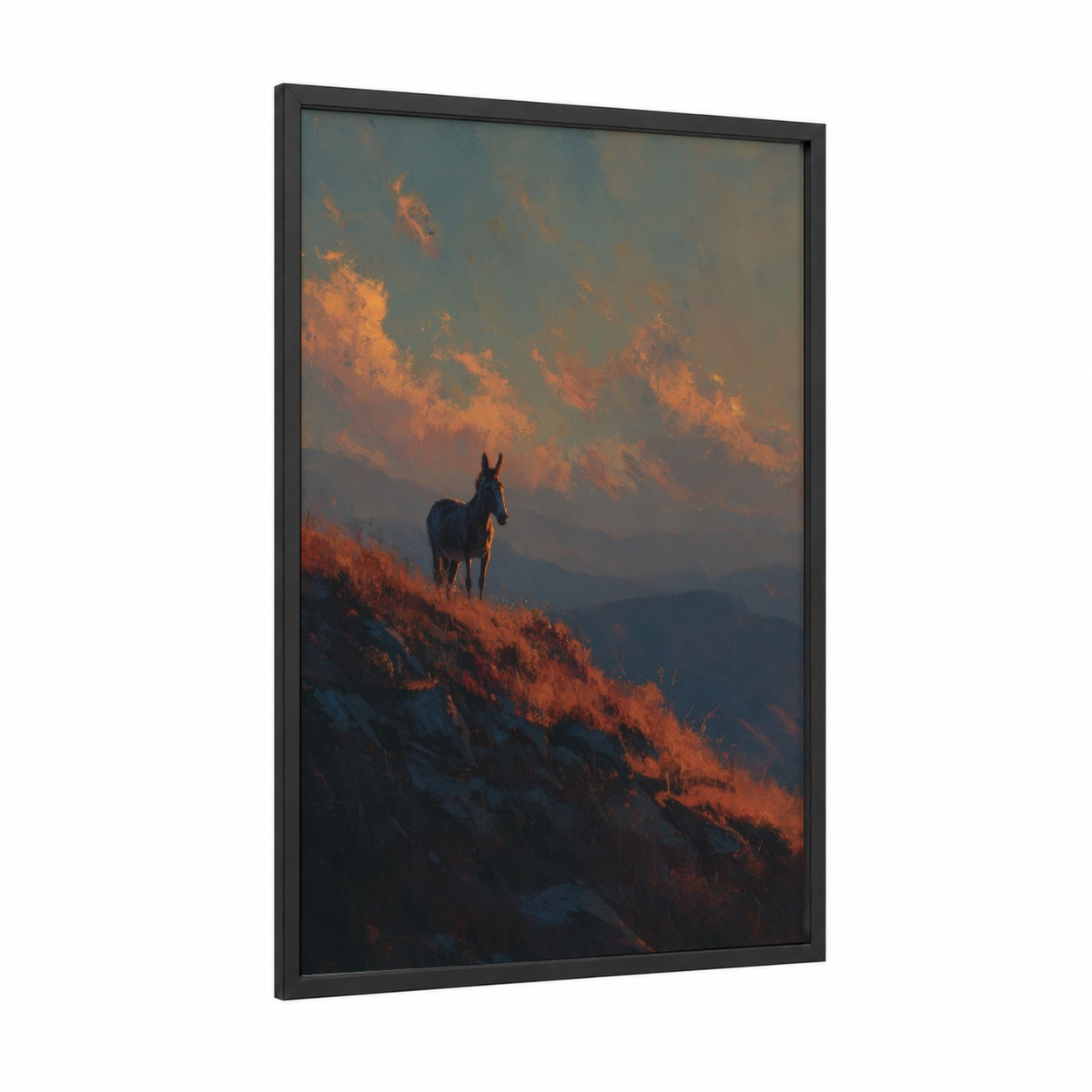 Alpine Mule Sunset framed art print — black wood frame — gold and gray palette