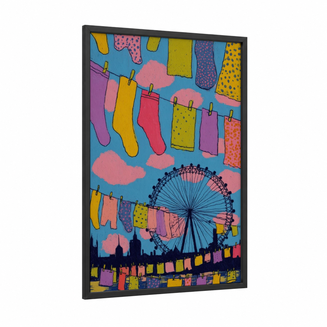 Laundry London Eye framed art print — black wood frame — blue and yellow gold palette