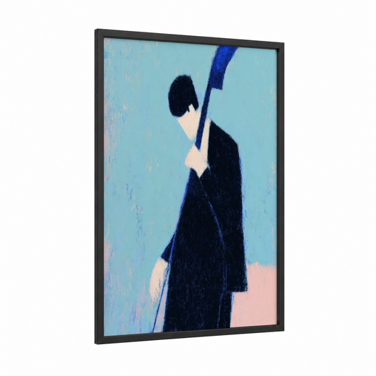 Saxophonist Blues framed jazz print — black wood frame — blue and peach palette