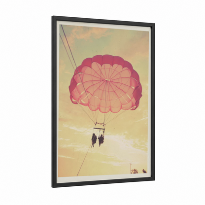 Golden Parasail framed parasailing print — black wood frame — gold and pink palette