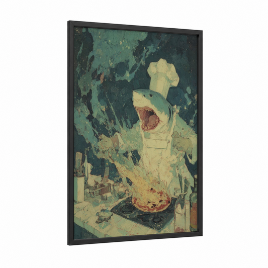 Chef Shark framed lemon shark print — black wood frame — sage green and yellow gold palette