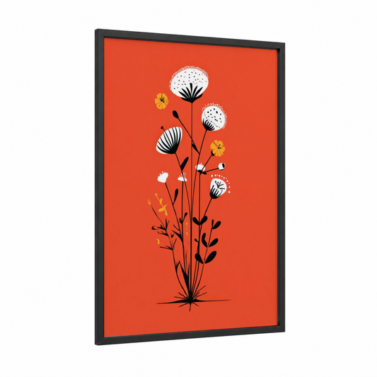 Graphic Wildflowers framed abstract flower print — black wood frame — orange and black and white palette