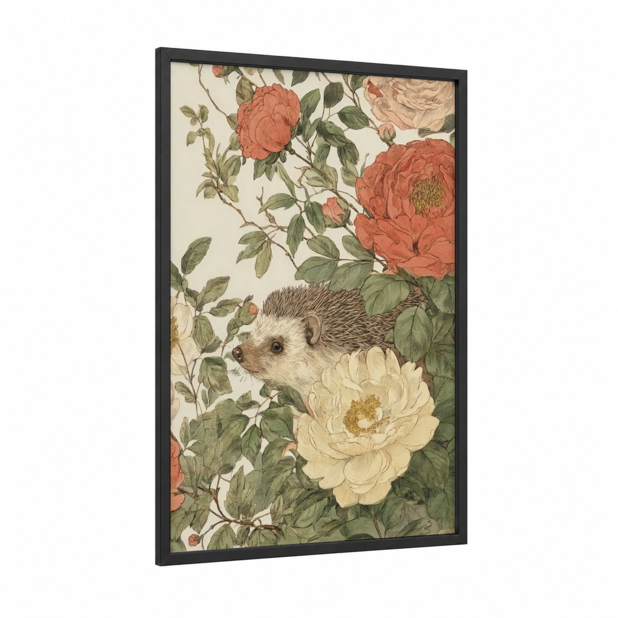 Garden Hedgehog framed art print — black wood frame — cream and sage green palette