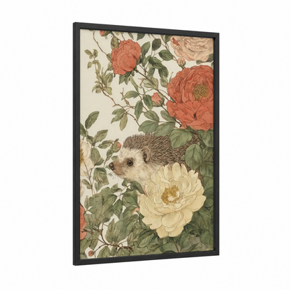 Garden Hedgehog framed art print — black wood frame — cream and sage green palette