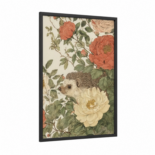 Garden Hedgehog framed art print — black wood frame — cream and sage green palette