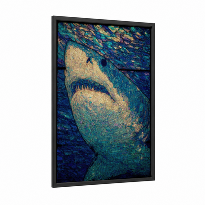Menacing Bull Shark framed art print — black wood frame — teal and gold palette