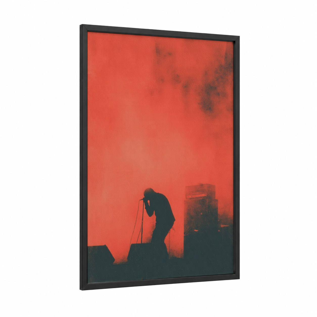 Crimson Stage Silhouette framed death metal print — black wood frame — red and black palette