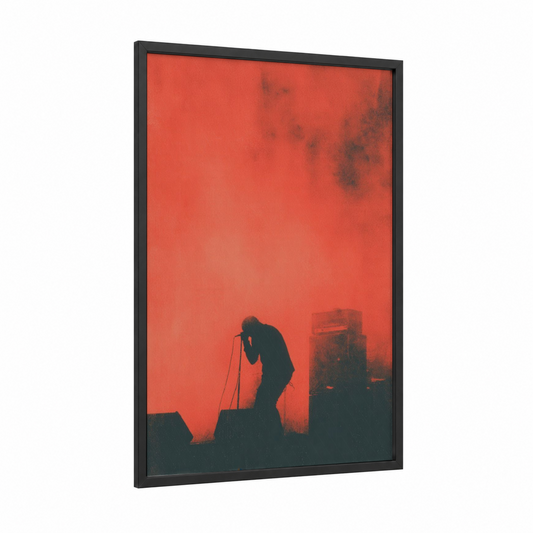 Crimson Stage Silhouette framed death metal print — black wood frame — red and black palette