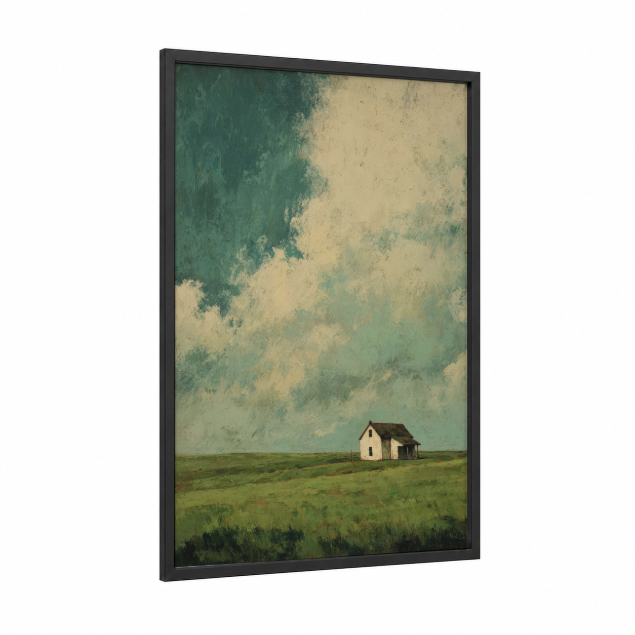 Solitary Farmhouse framed green field print — black wood frame — sage green and cream palette