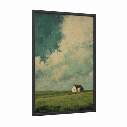 Solitary Farmhouse framed green field print — black wood frame — sage green and cream palette