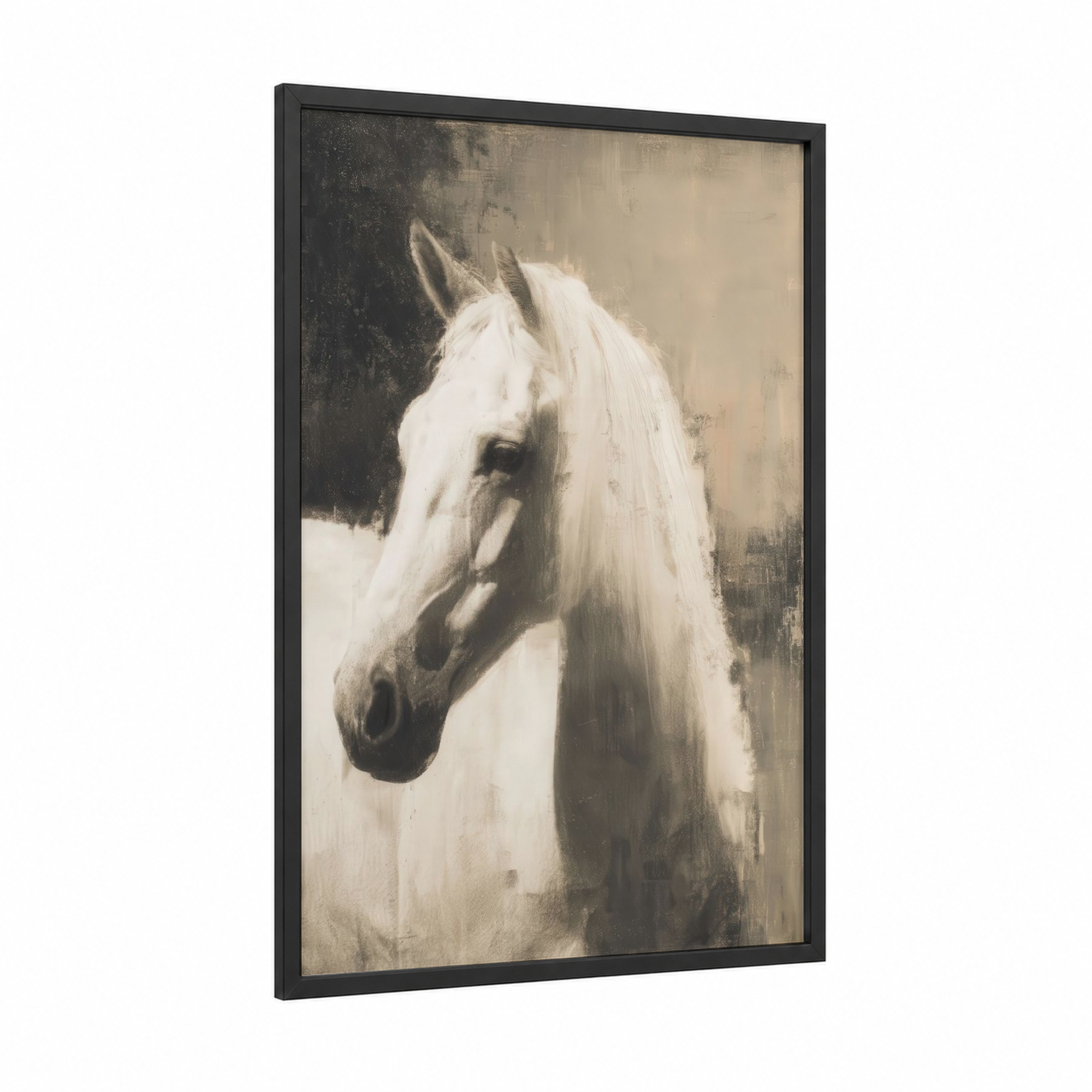 Platinum Thoroughbred framed thoroughbred horse print — black wood frame — white and gray palette