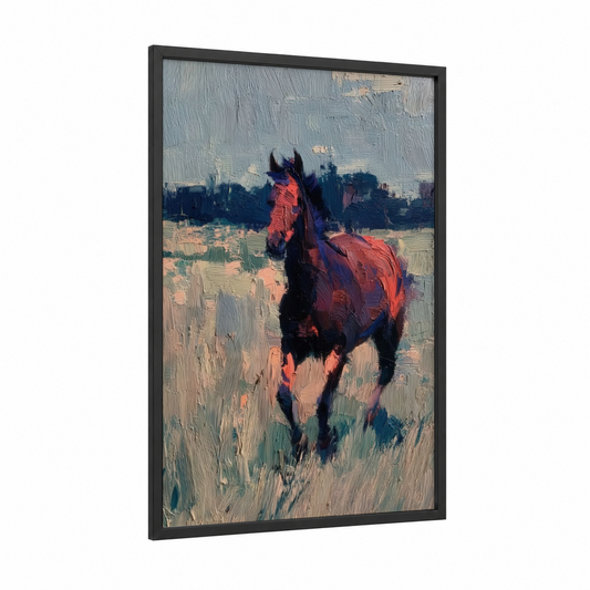 Galloping Thoroughbred framed thoroughbred horse print — black wood frame — russet and blue and white palette