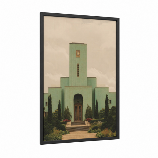 Mint Tower Symmetry framed towers print — black wood frame — light green and cream palette